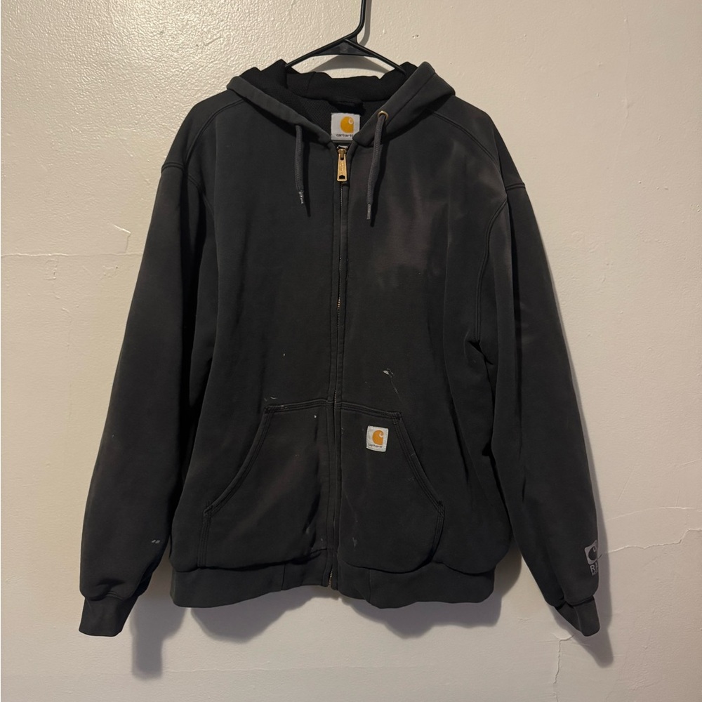 Carhartt Black Rain Defender Zip-Up Sun Bleached Paint Spots Heavy and Thick